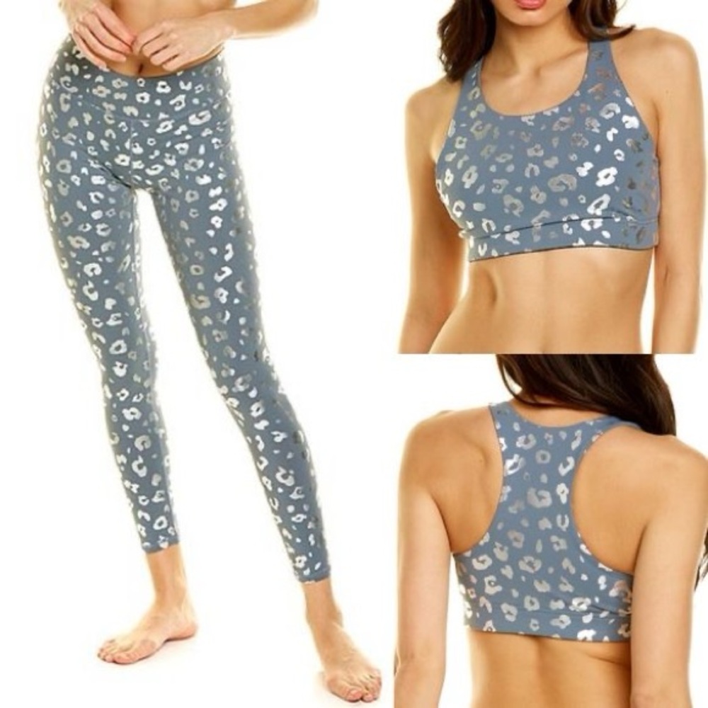 NWOT. Medium. Dusty blue Foil-Printed leggings and sports bra by Terez